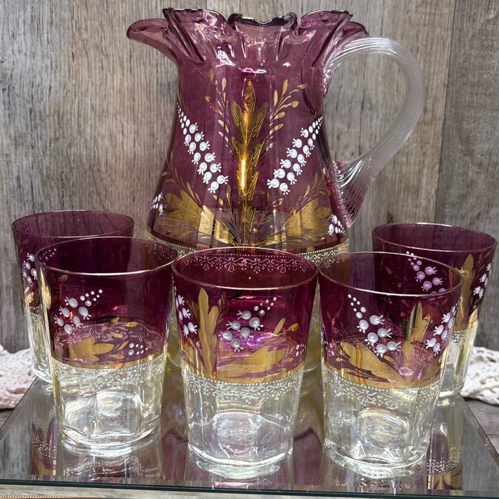 Antique Victorian RUFFLEDPITCHER 5GLASSES LillyOfTheValley CranberryToClearGold